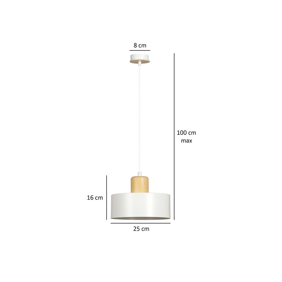 Schéma coté de la suspension indiquant 16 cm de haut et 25 cm de diamètre.