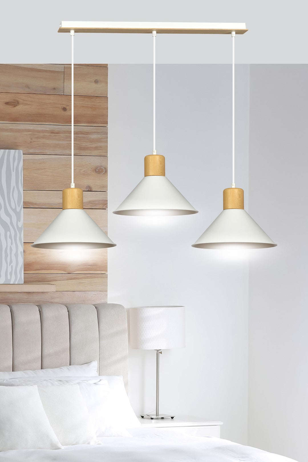 Suspension Akrinok 3 lumières blanche, bois