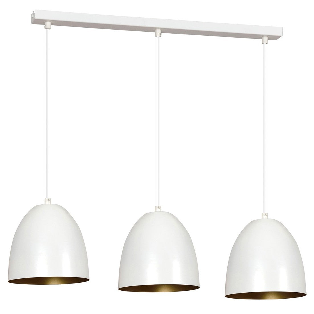 Suspension blanche à trois abat-jours bombés, intérieur doré, vue de face sur fond blanc.