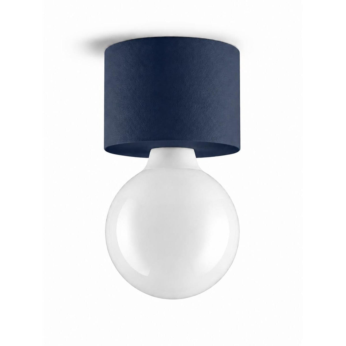 Applique ou plafonnier bleu marine, abat-jour cylindrique en tissu et globe de verre opalin
