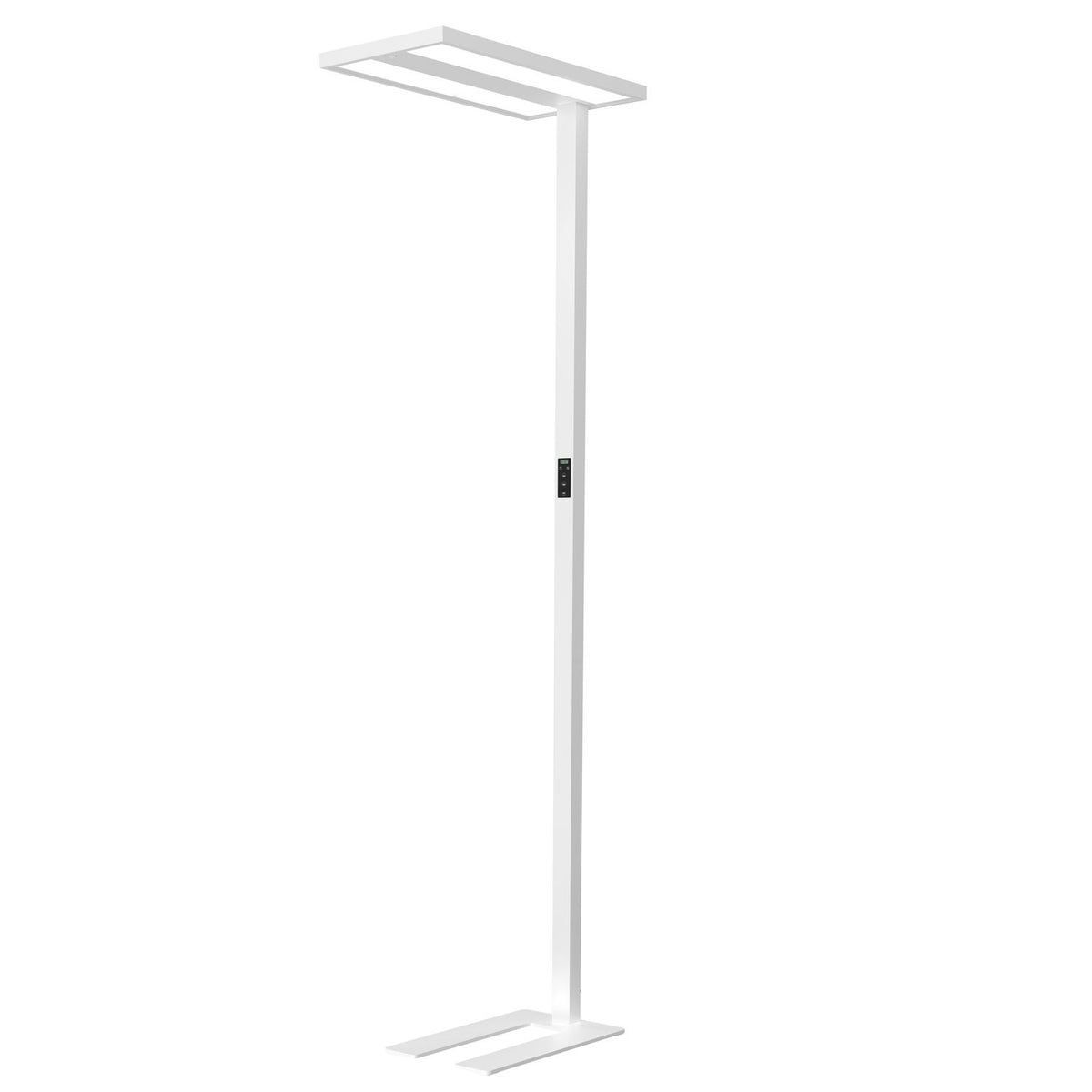Lampadaire argenté à tête rectangulaire ouverte, tige verticale et base plate, vue de trois quarts.