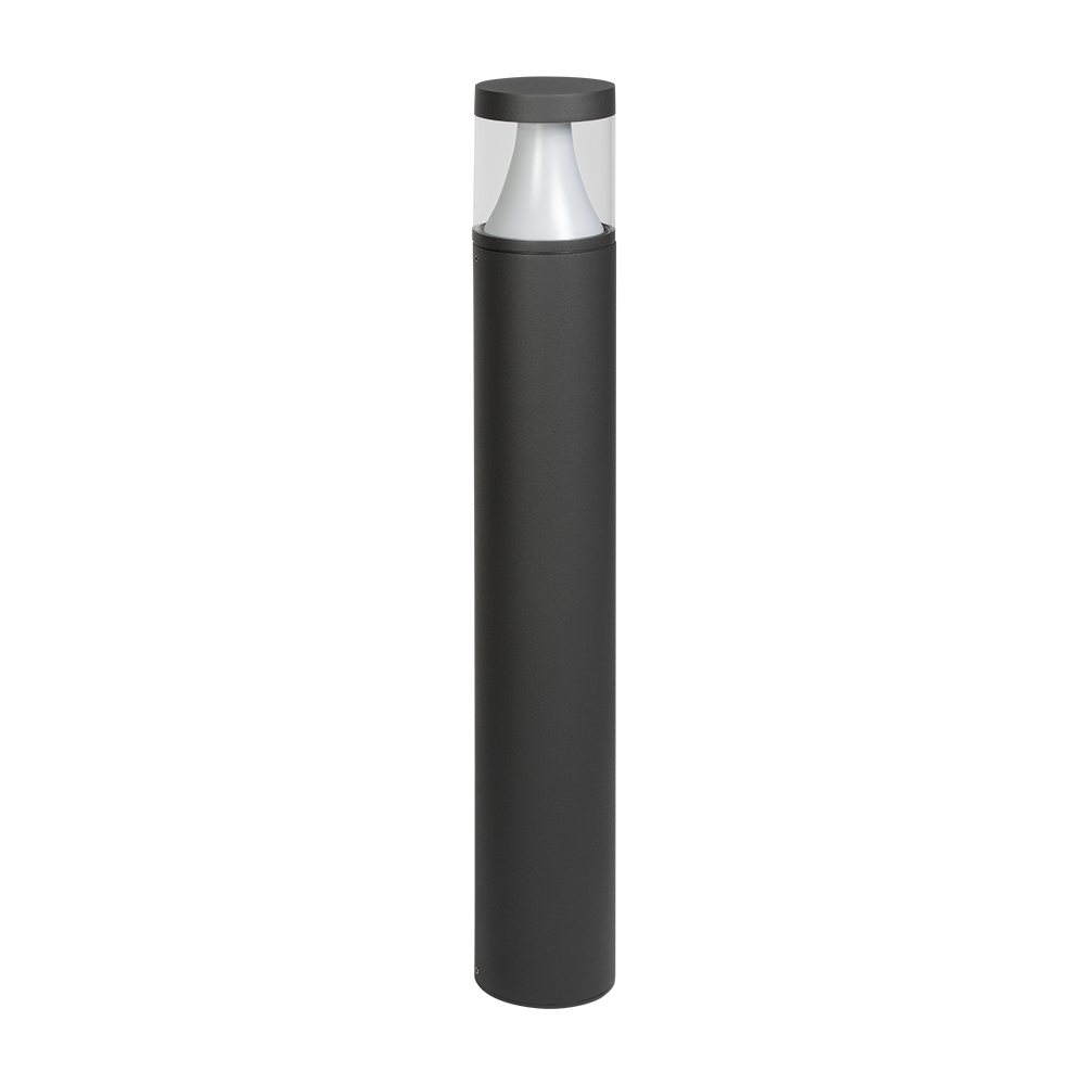 Borne extérieure grise cylindrique avec tête transparente et réflecteur conique, vue produit.