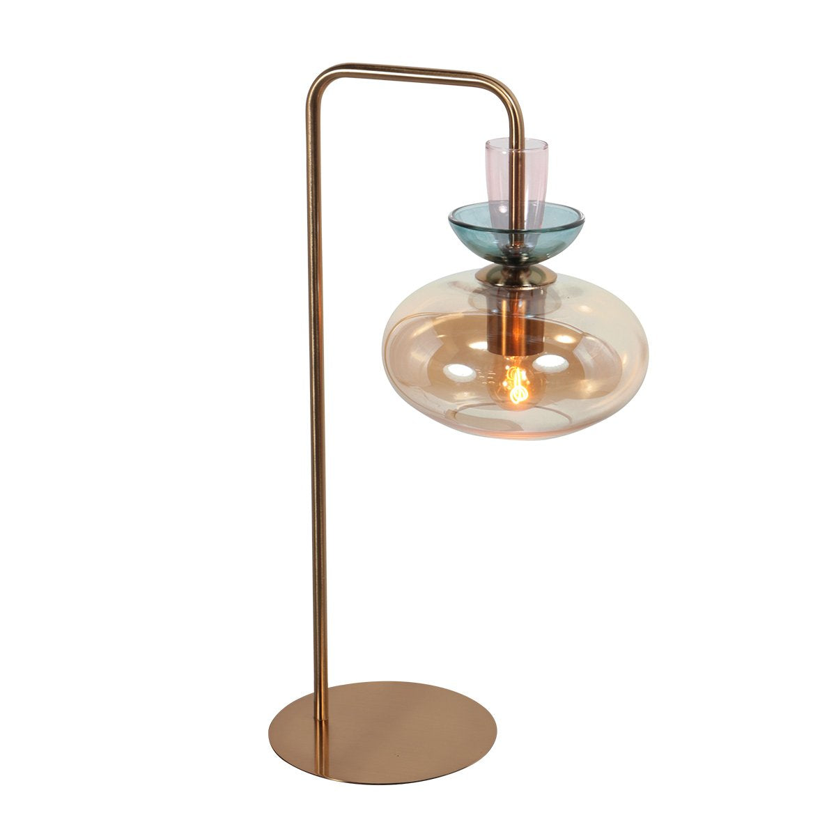 Lampe à poser en métal bronze avec abat-jour ovale en verre ambré transparent.