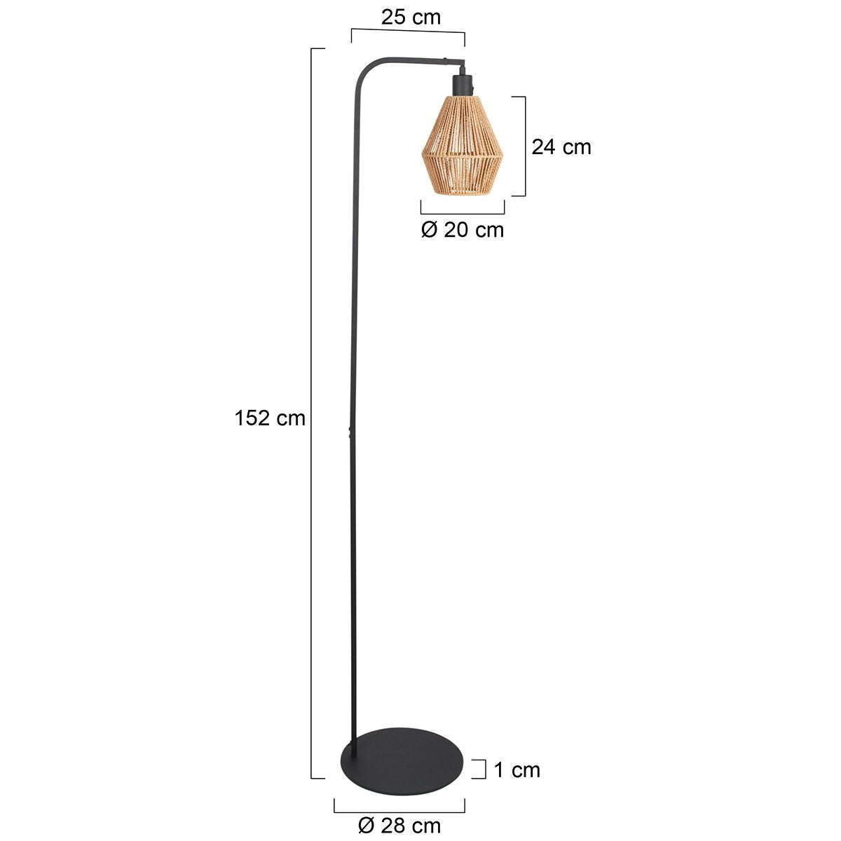Schéma coté du lampadaire : hauteur 152 cm, base 28 cm, abat-jour 24 cm.