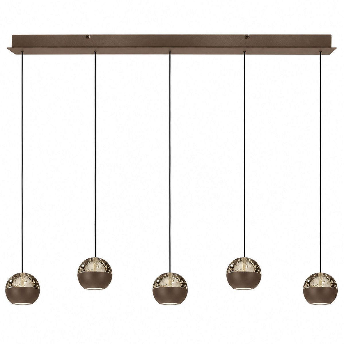 Suspension cinq lumières marron, barre rectangulaire et cinq globes espacés, vue de face