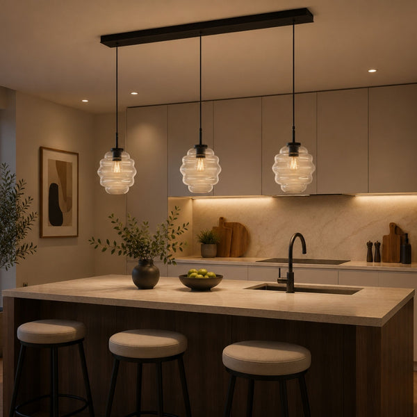 Suspension de table Echos 3 lumières, longueur 120 cm, verres Ø 18 cm