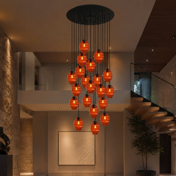 Suspension grande hauteur Echos 20 lumières, rosace Ø 120 cm, verres Ø 18 cm