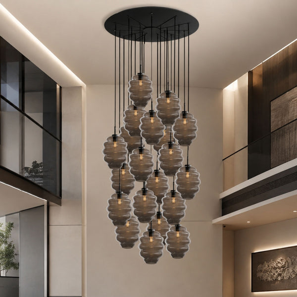 Suspension grande hauteur Echos 20 lumières, rosace Ø 120 cm, verres Ø 25 cm