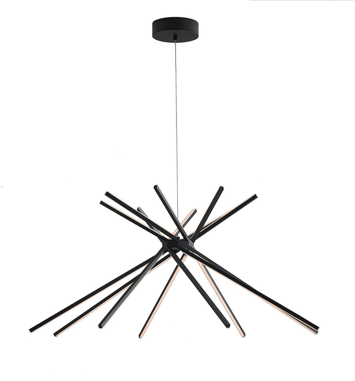 Produit entier sur fond blanc, câble de suspension et fines tiges noires