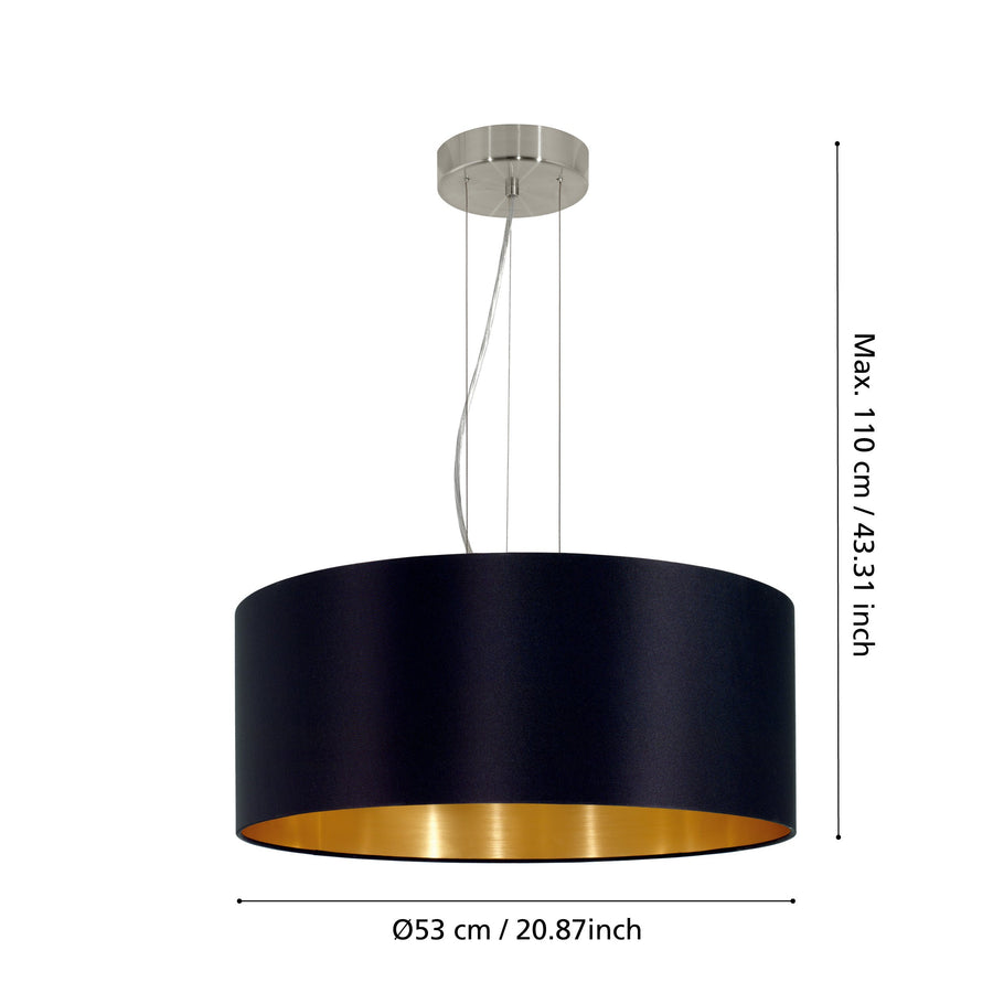 Suspension Maserlo 3 lumières noire et dorée, tissu