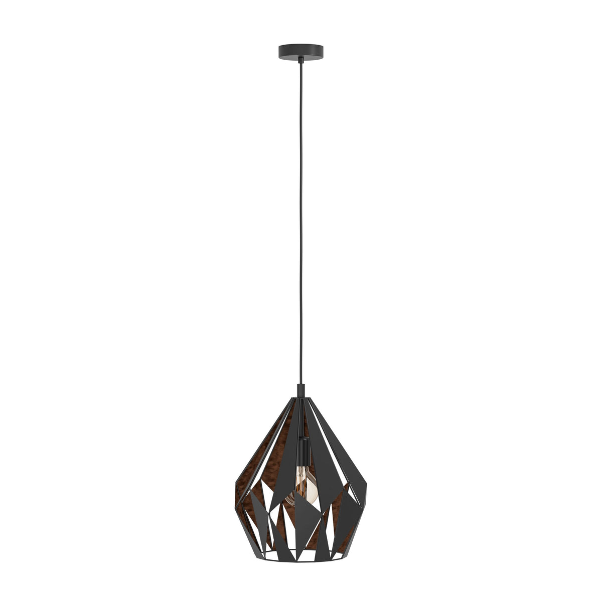 Vue de trois quarts du luminaire noir et cuivre sur fond blanc neutre