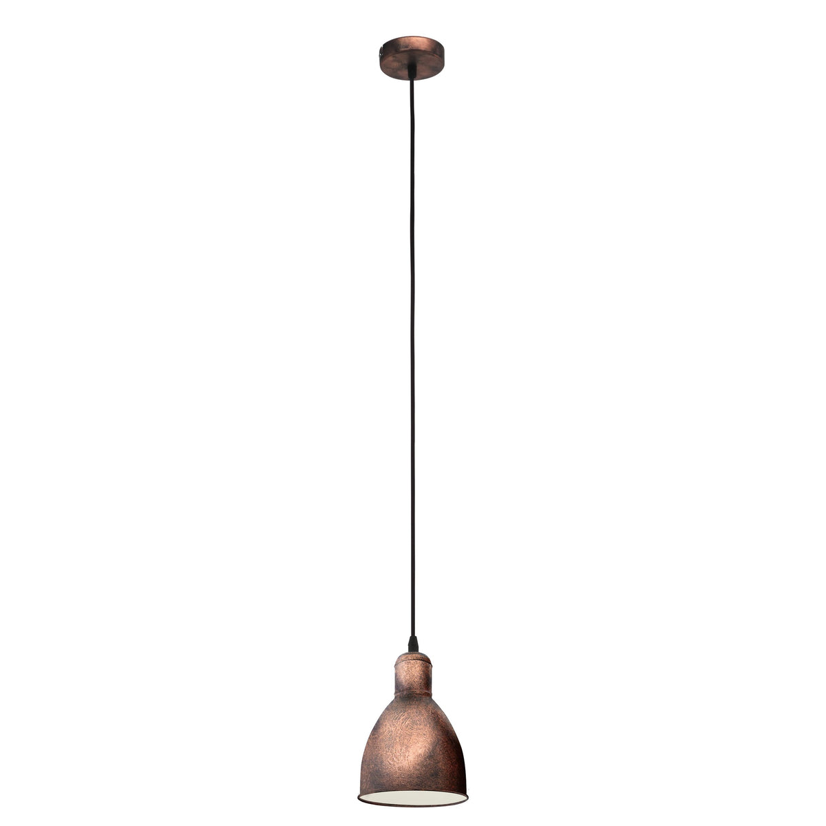 Vue rapprochée du luminaire suspendu cuivré sur fond blanc.