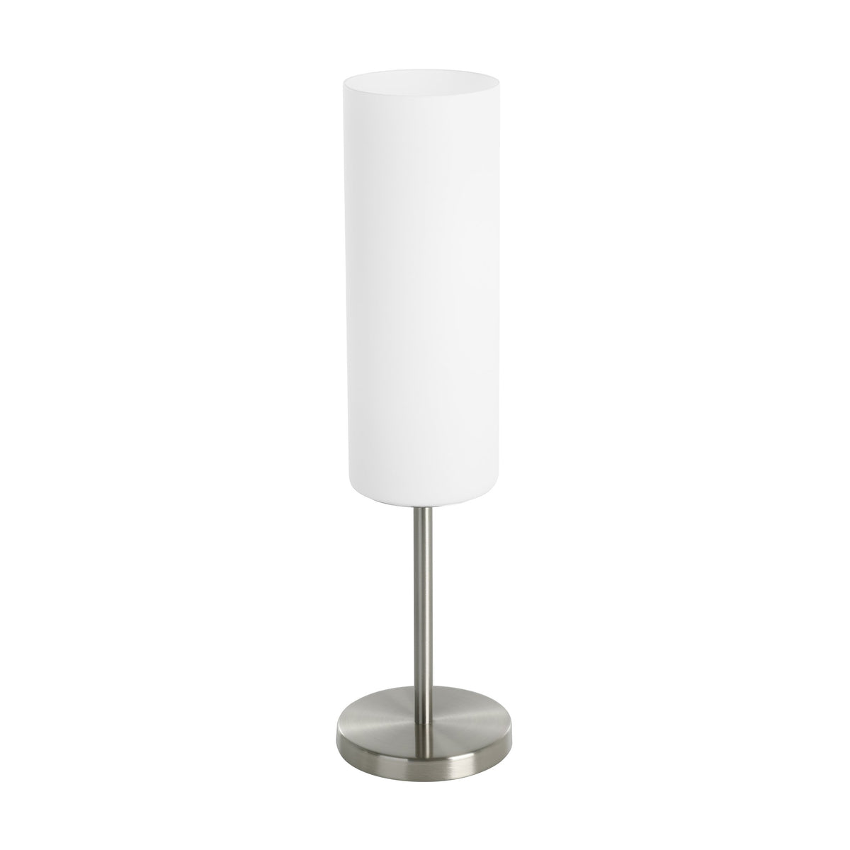 Vue de trois quarts de la lampe à poser, abat-jour blanc et pied métallique