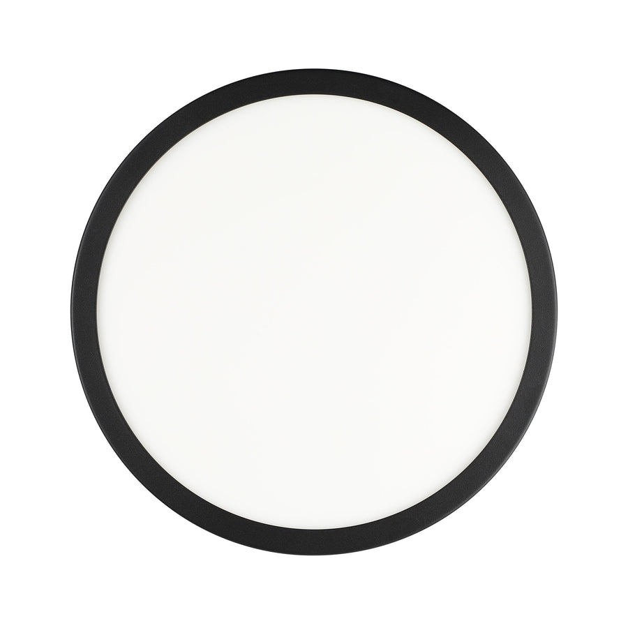 Vue de face du plafonnier circulaire, anneau noir et diffuseur blanc uni