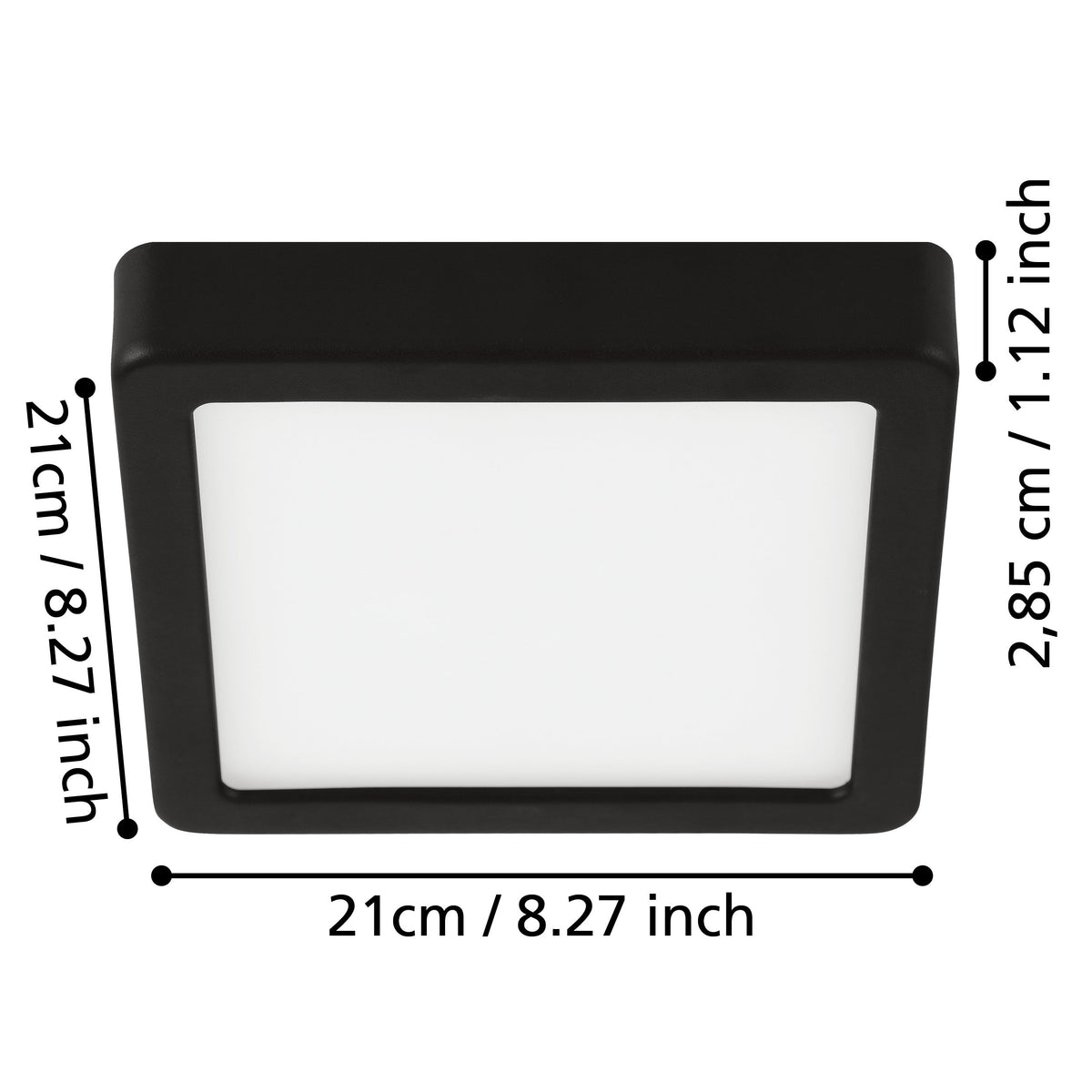 Schéma de dimensions cotées, 21 cm de côté et 2,85 cm d'épaisseur