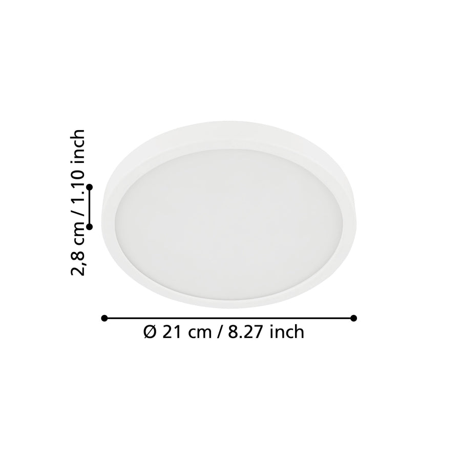 Schéma coté du luminaire : diamètre 21 cm et épaisseur 2,8 cm