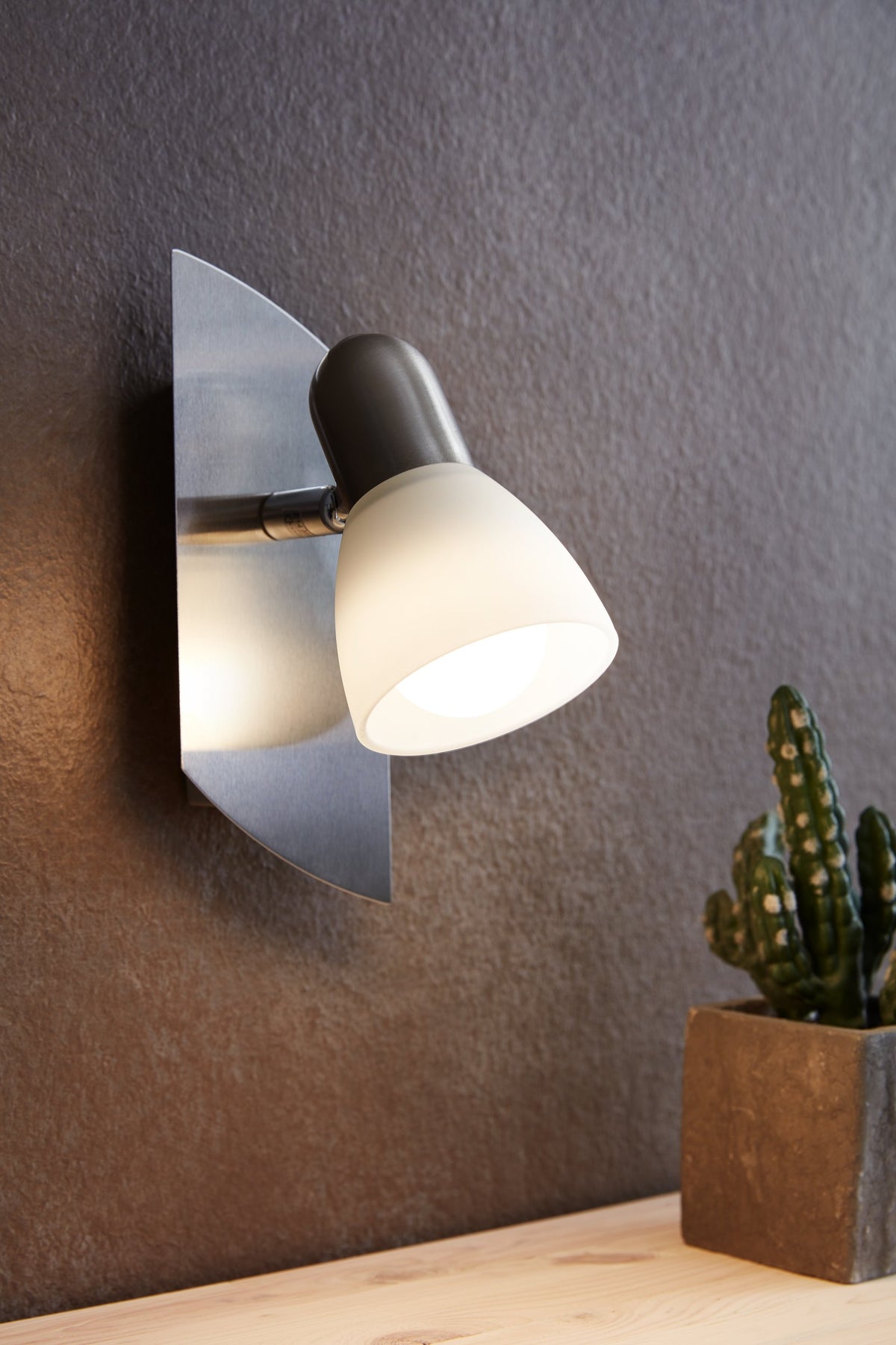 Mise en ambiance du spot mural allumé sur un mur foncé, avec cactus en pot.