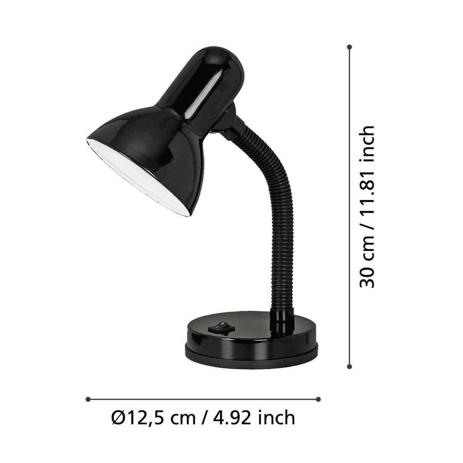 Schéma technique côté de la lampe noire : hauteur trente centimètres et base de douze virgule cinq.