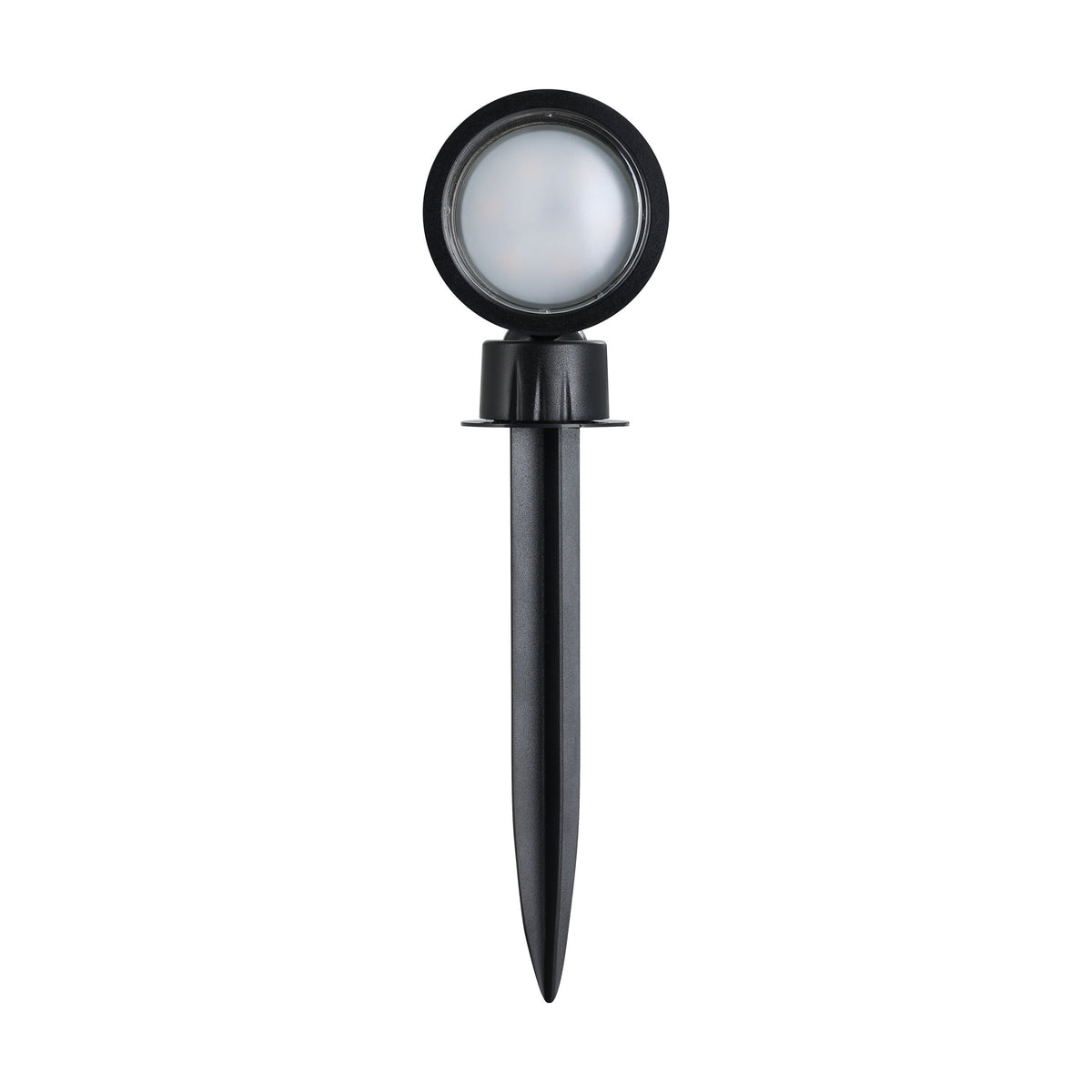 Vue de face sur fond blanc du luminaire à piquer noir, tête ronde