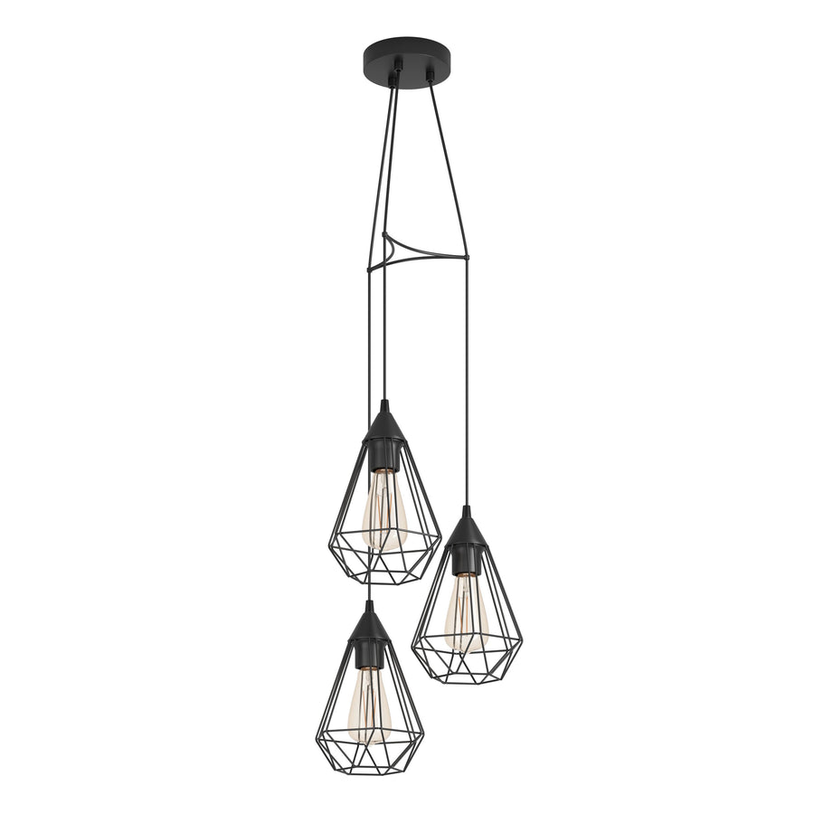 Vue des trois cages noires suspendues à des hauteurs différentes, fond blanc