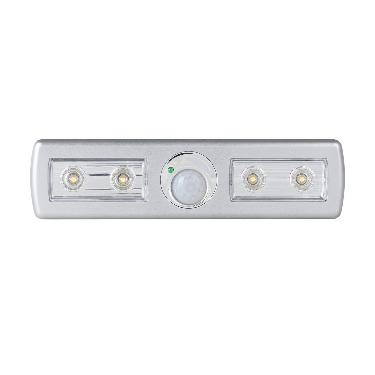 Vue frontale du boîtier argenté avec quatre LED et capteur de mouvement.
