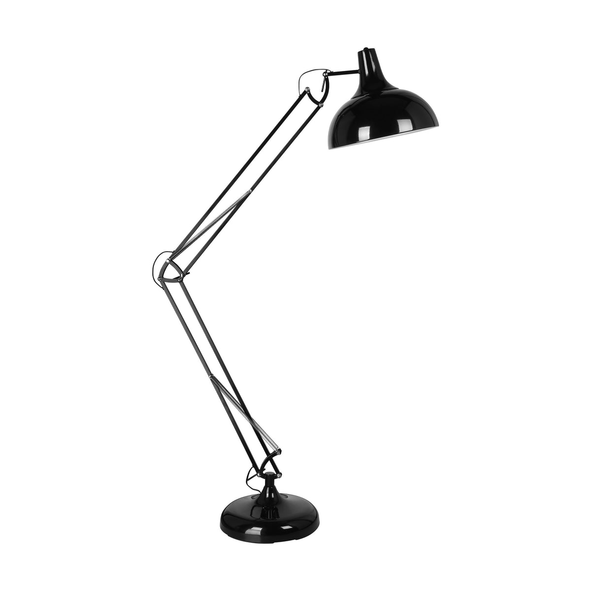 Vue du lampadaire noir en position pliée, fond blanc neutre