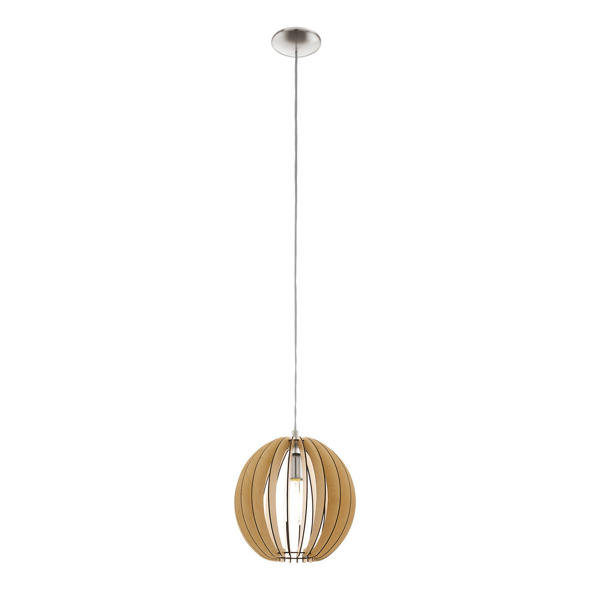 Même luminaire entier présenté de face, du câble fin au bas du globe.