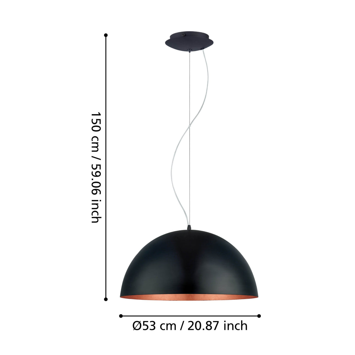 Schéma de dimensions, hauteur totale 150 cm et diamètre 53 cm indiqués