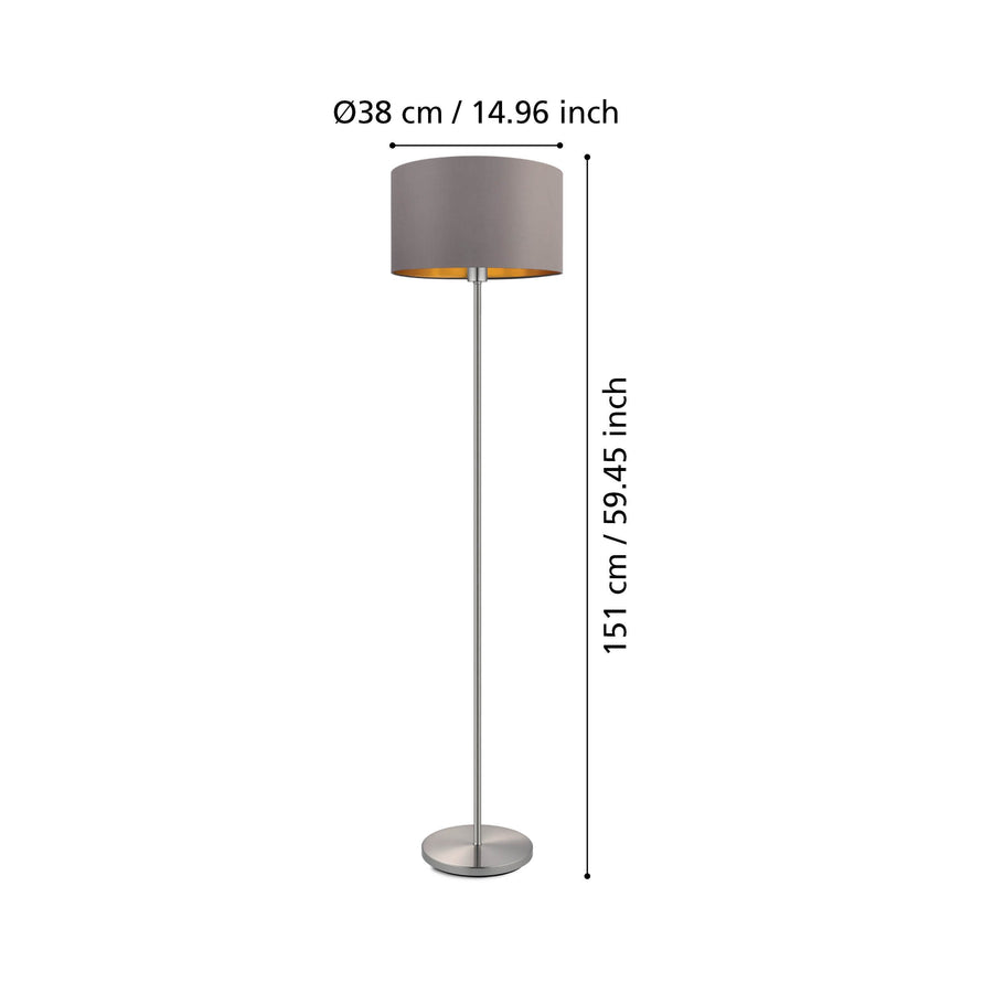 Schéma coté indiquant un diamètre d'abat-jour de 38 cm et 151 cm de hauteur
