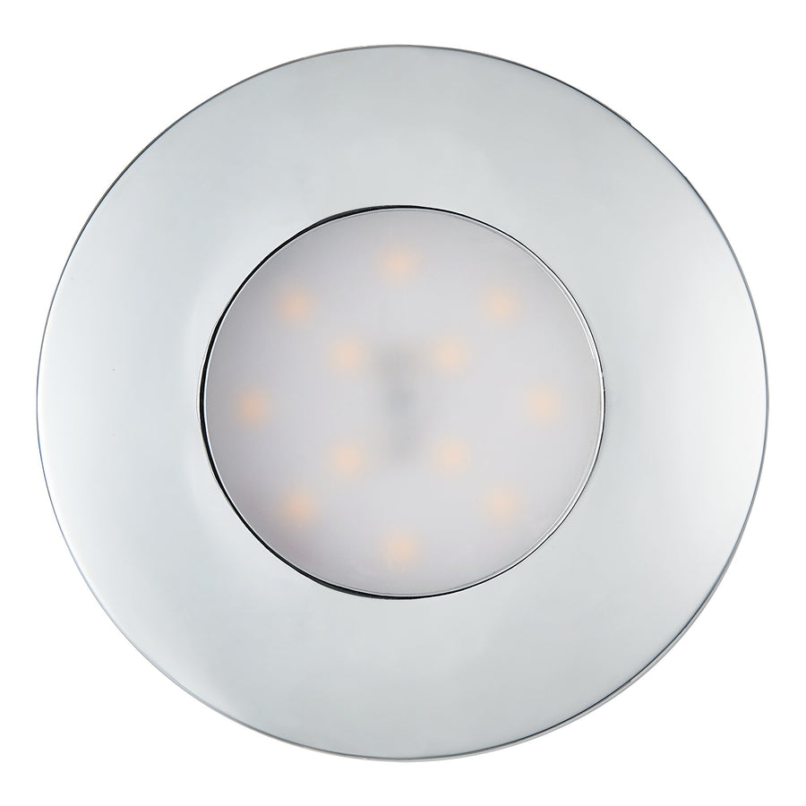 Face avant du spot chromé avec module LED et diffuseur dépoli central