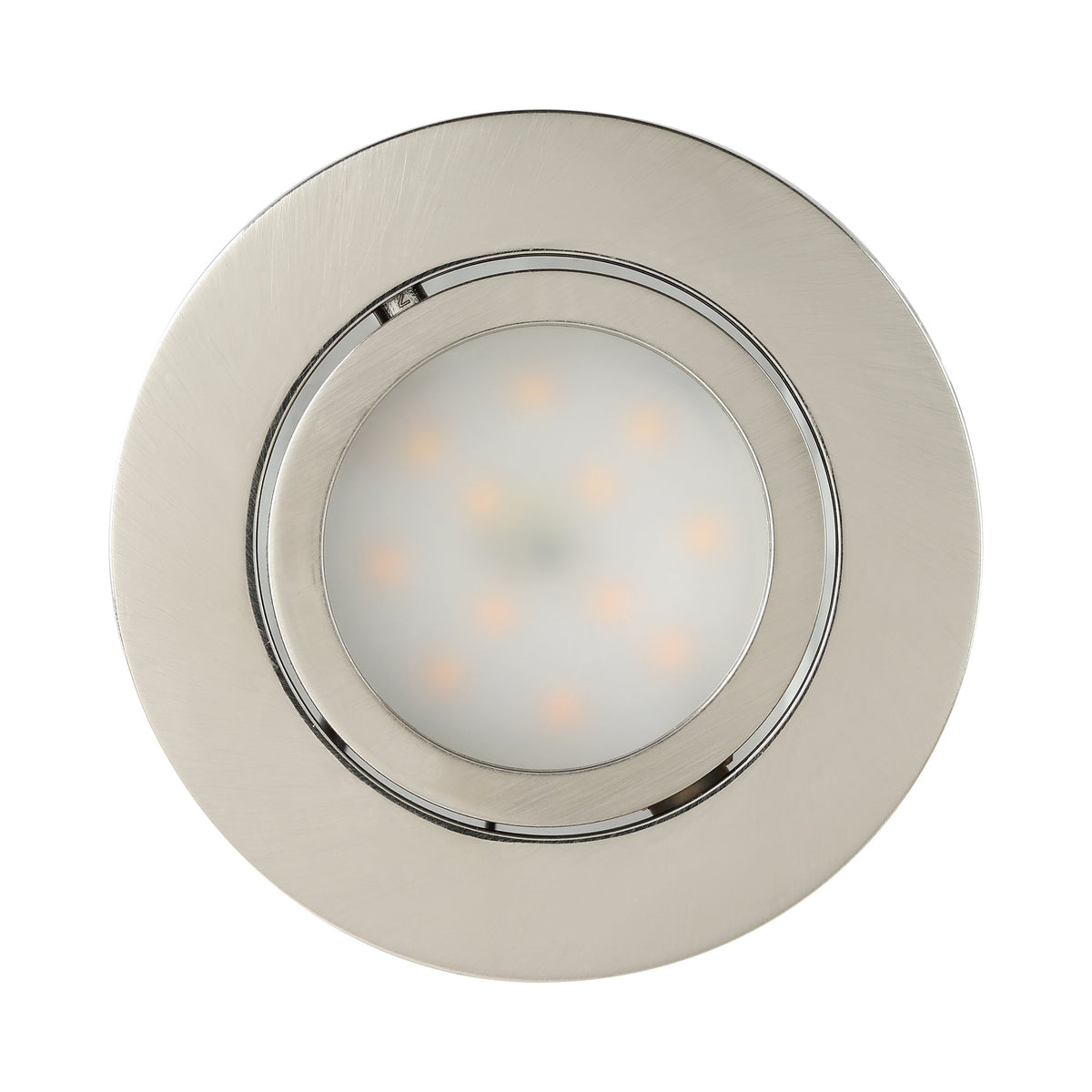 Vue de face d'un spot rond à diffuseur LED et finition nickel brossé.