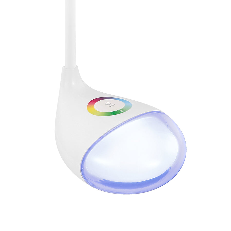 Détail du socle et de la commande tactile, diffuseur translucide allumé en blanc bleuté.