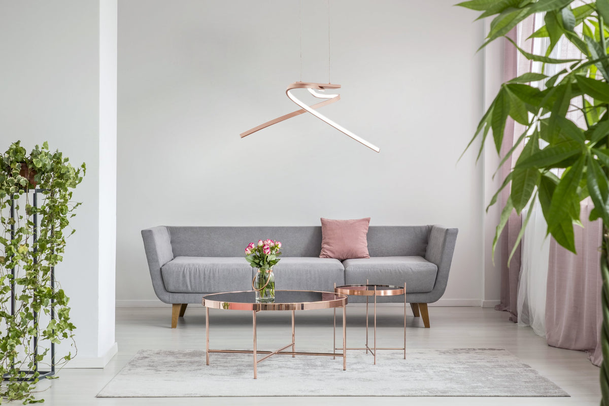 Mise en ambiance dans un salon gris avec canapé, coussins roses et plantes vertes.
