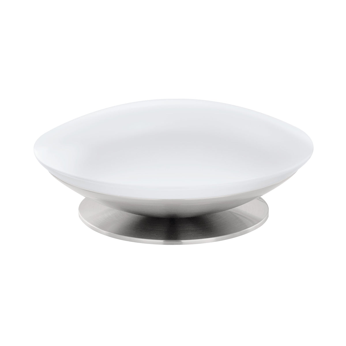 Vue de profil montrant le socle rond en métal nickel satiné et le diffuseur blanc