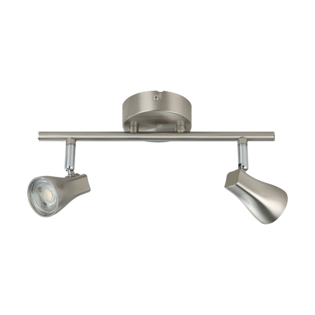 Vue de face du luminaire à deux spots sur rail, finition nickel satiné.