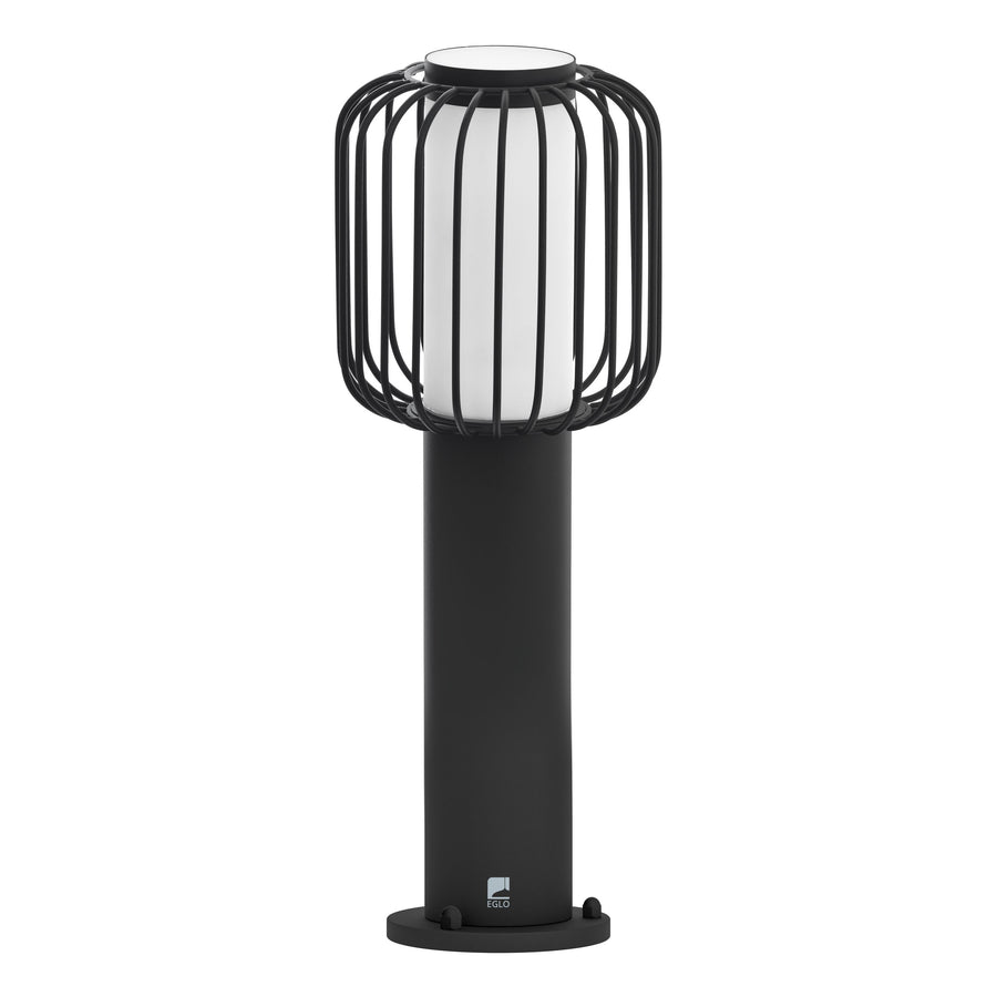 Vue de trois quarts du luminaire, pied noir et logo visible sur le fût