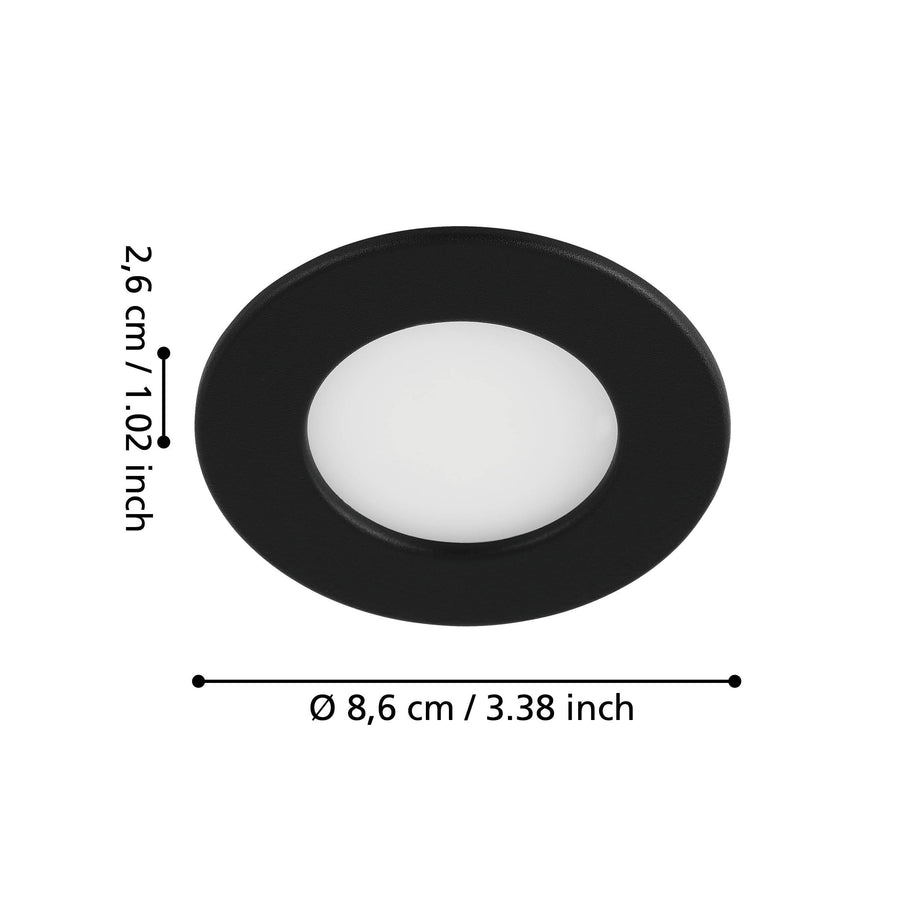 Schéma coté du spot encastrable rond indiquant diamètre 8,6 cm et profondeur 2,6 cm.