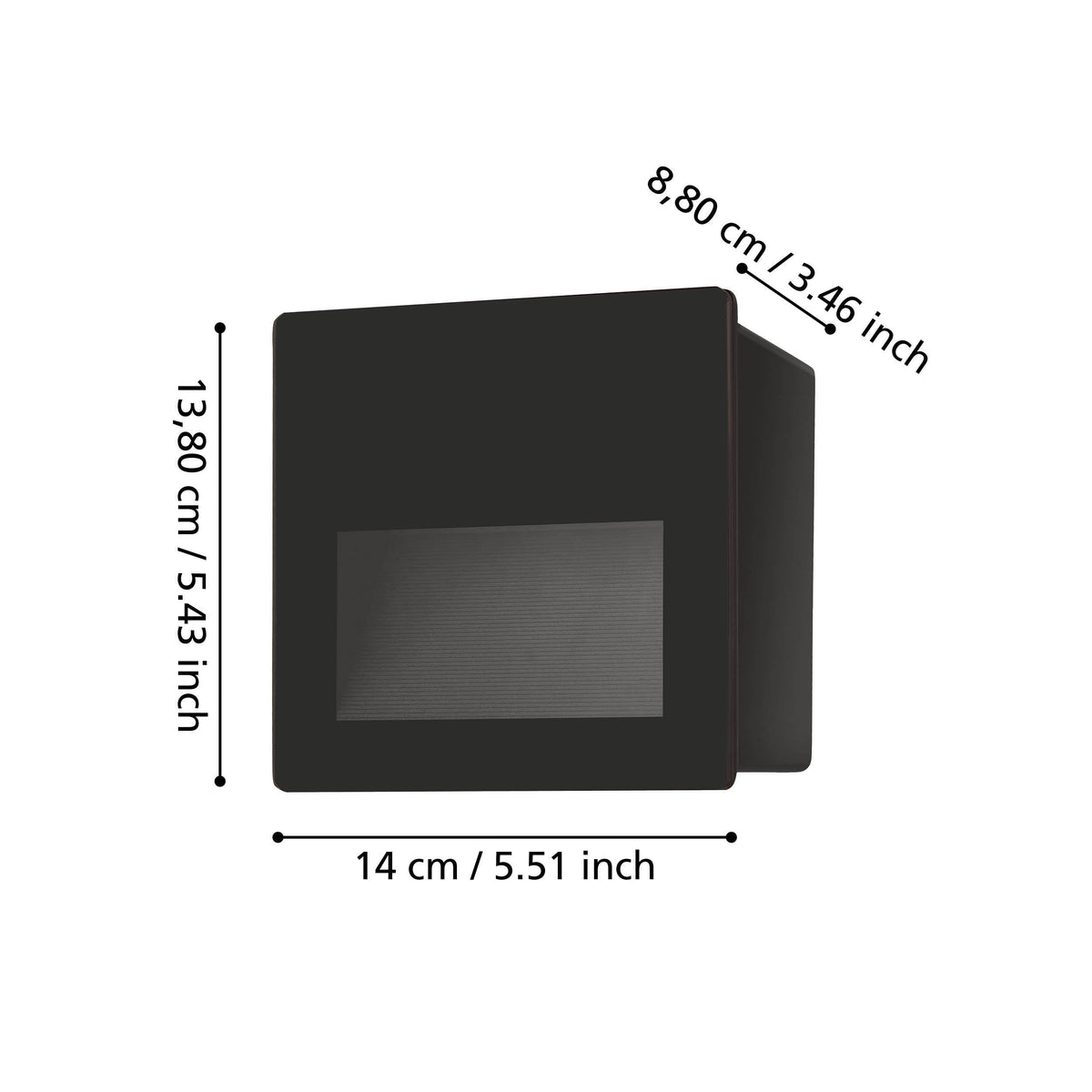 Schéma coté du luminaire indiquant hauteur, largeur et profondeur en centimètres.