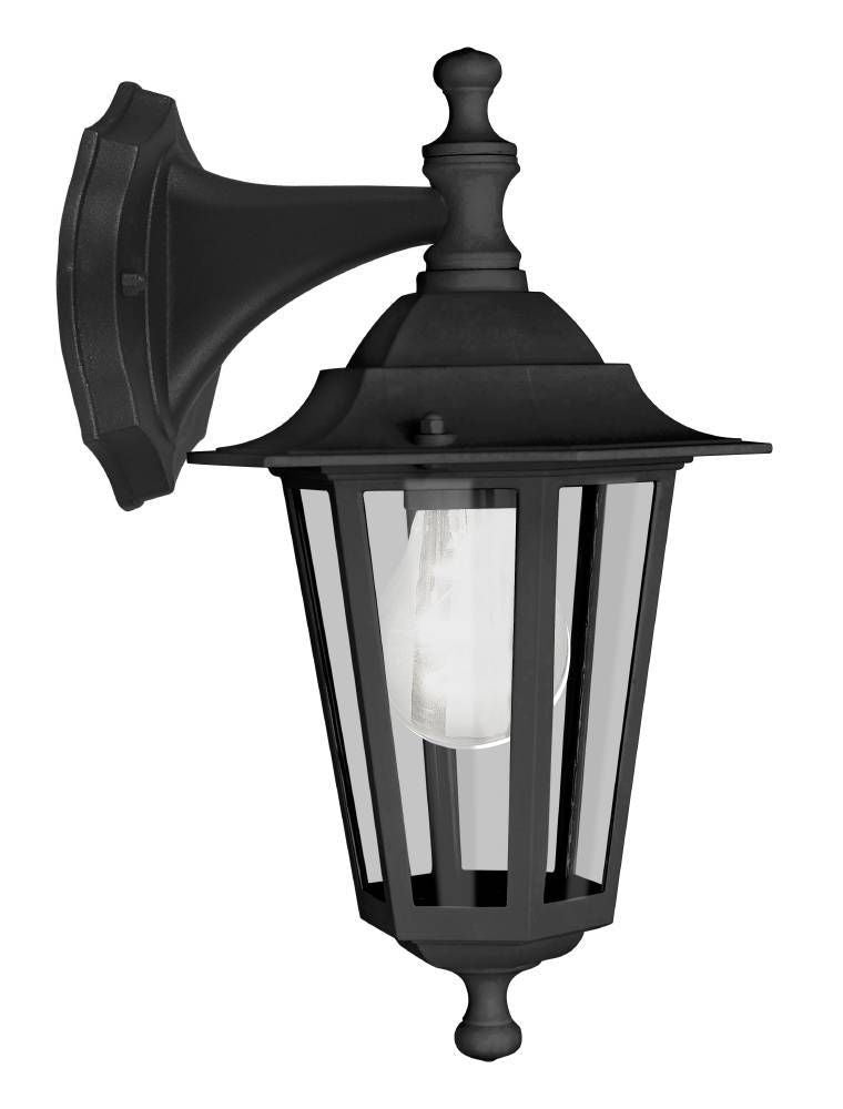 Luminaire mural noir de style lanterne, vue de trois quarts sur fond blanc