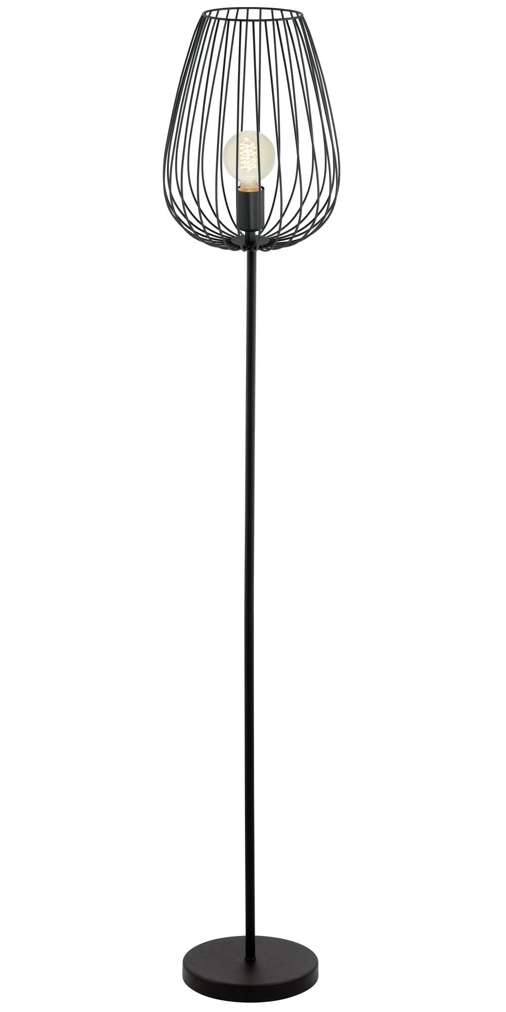 Vue rapprochée du lampadaire noir, détail de la cage filaire et ampoule