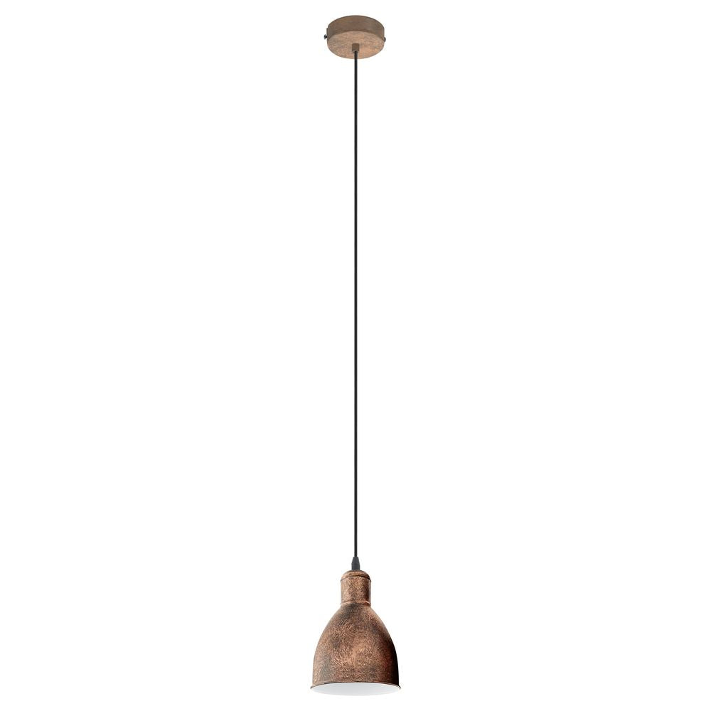 Suspension cuivrée de face sur fond blanc avec câble et abat-jour.