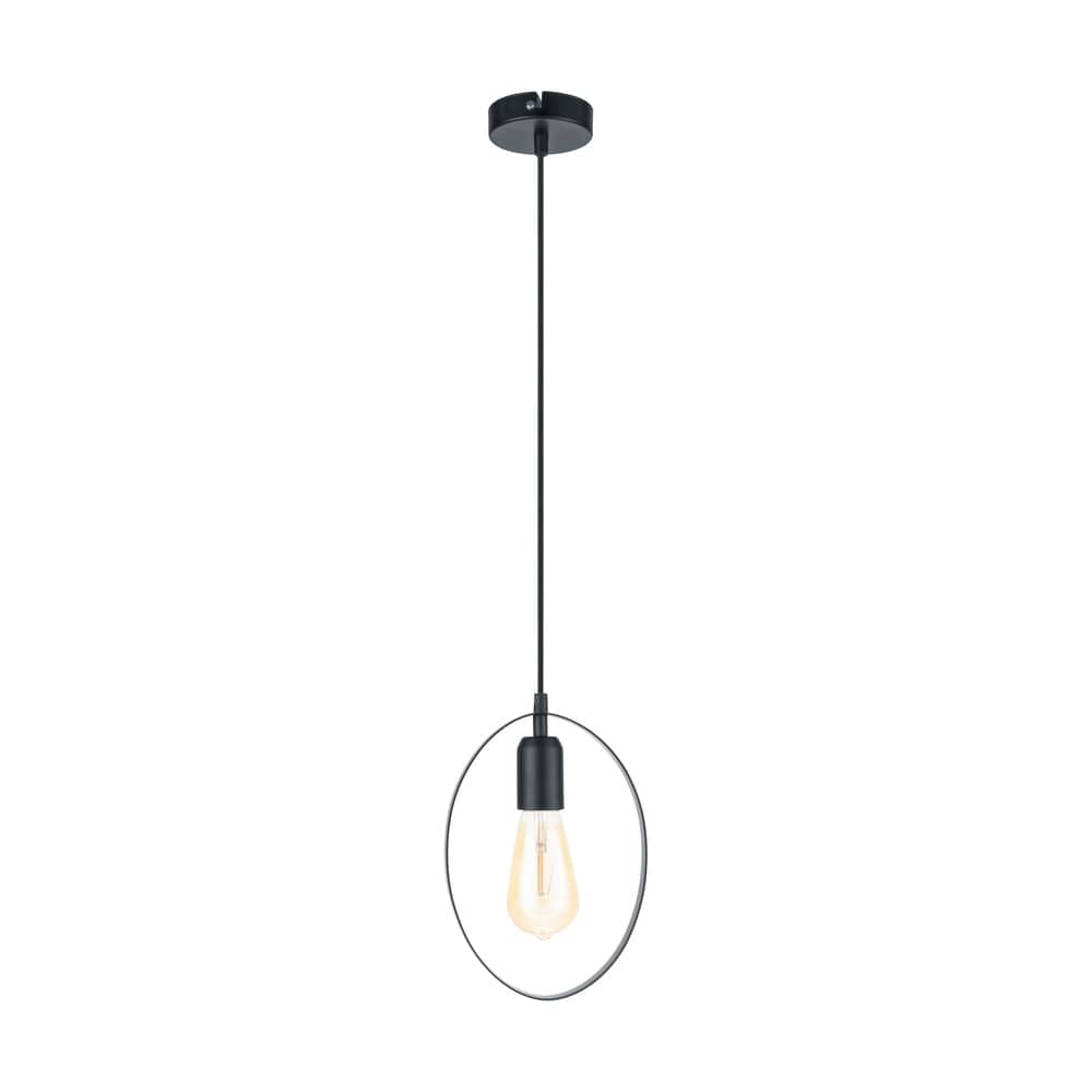 Suspension noire avec cercle métallique et ampoule allumée sur fond blanc