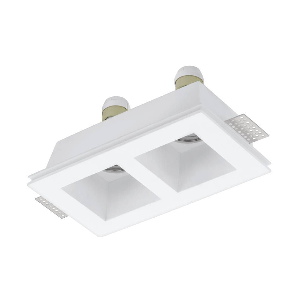 Spot encastrable blanc double orientable présenté sur fond blanc avec fixations.