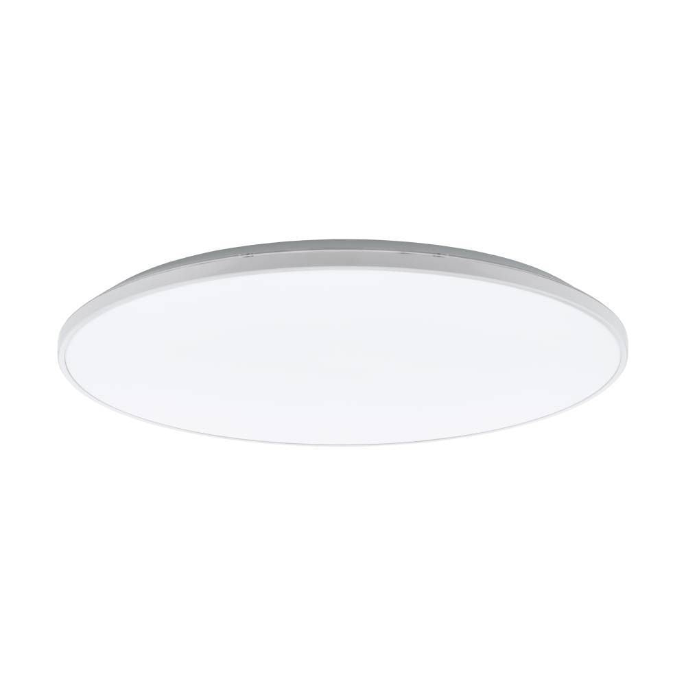 Plafonnier rond blanc vu de face, diffuseur opalin et fin cerclage gris sur fond neutre
