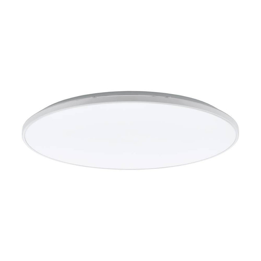 Plafonnier rond blanc vu de face, diffuseur opalin et fin cerclage gris sur fond neutre