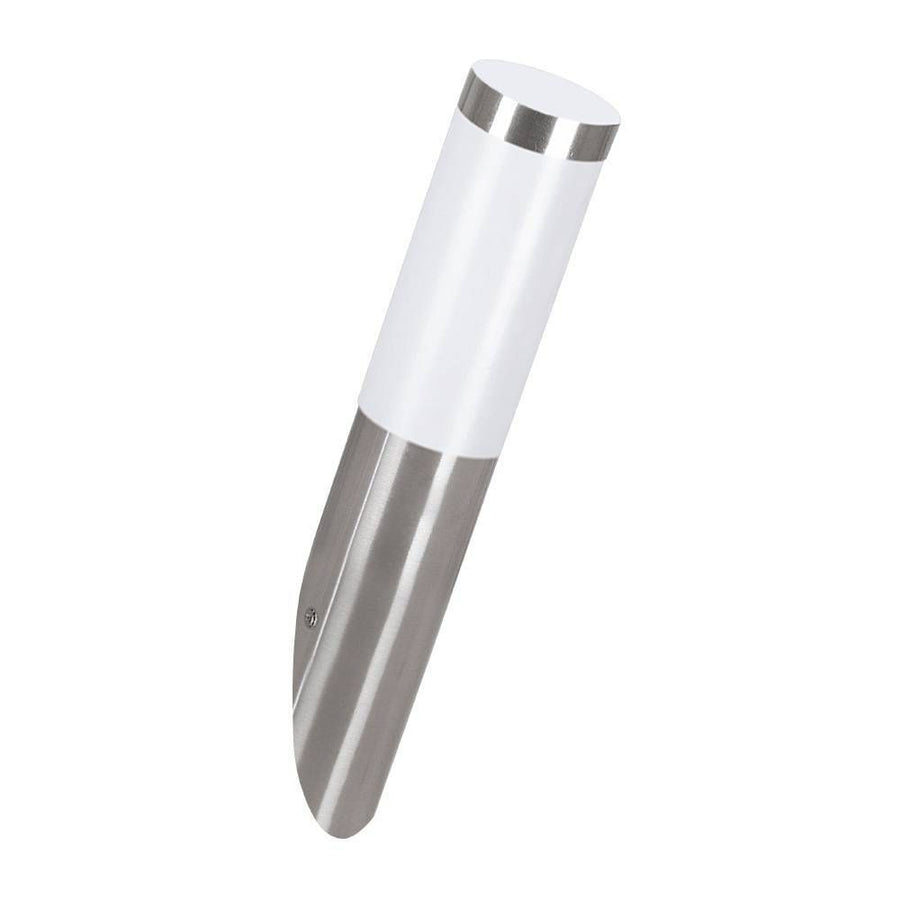 Applique extérieure de face, corps cylindrique incliné en inox et diffuseur blanc laiteux