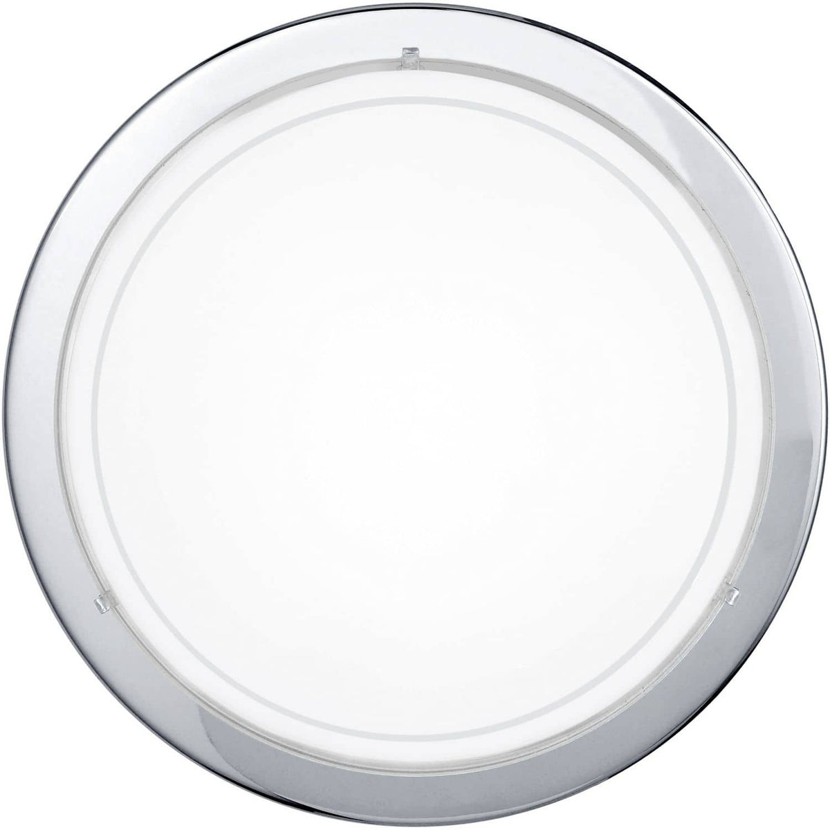Plafonnier rond blanc de face avec bordure chromée et diffuseur opale.