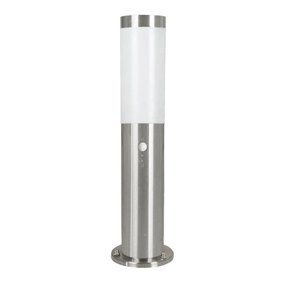Lampadaire extérieur cylindrique en inox brossé et diffuseur blanc, vue de face sur fond blanc