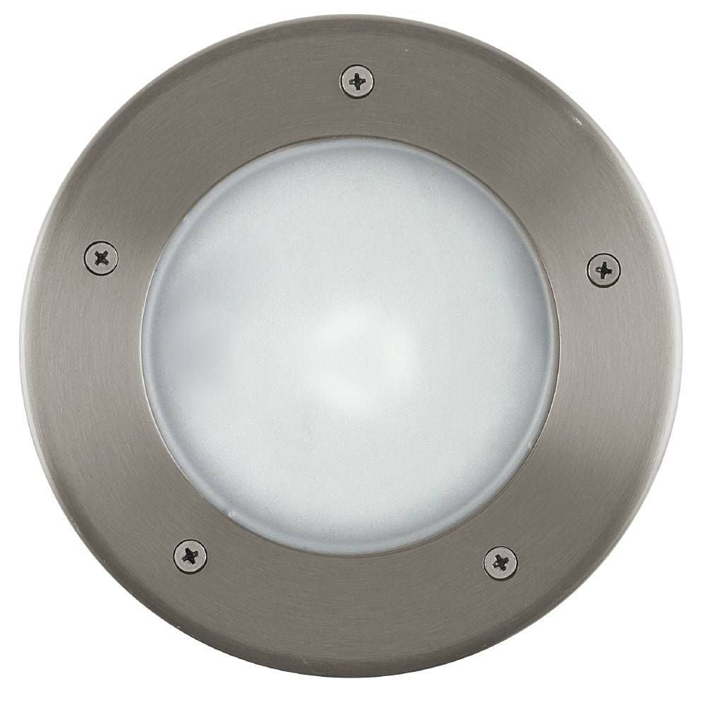 Vue de face du luminaire encastrable rond en inox brossé avec diffuseur blanc.