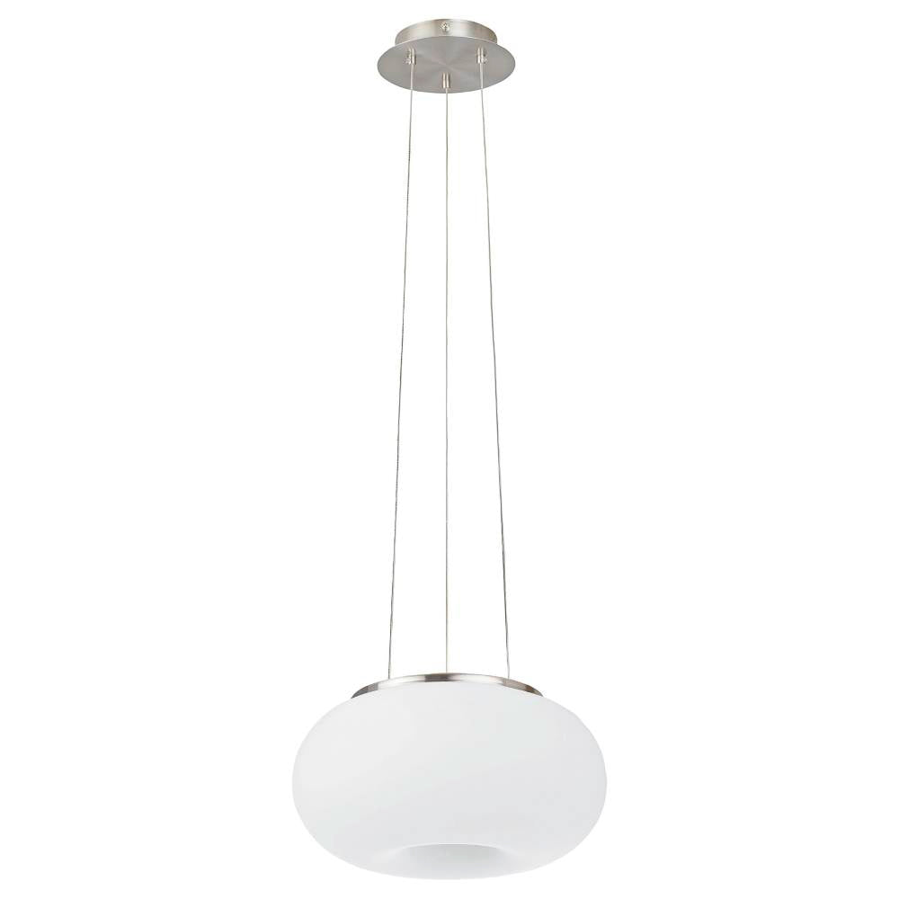 Suspension ovale en verre blanc mat avec cerclage et câbles en nickel, vue de face.